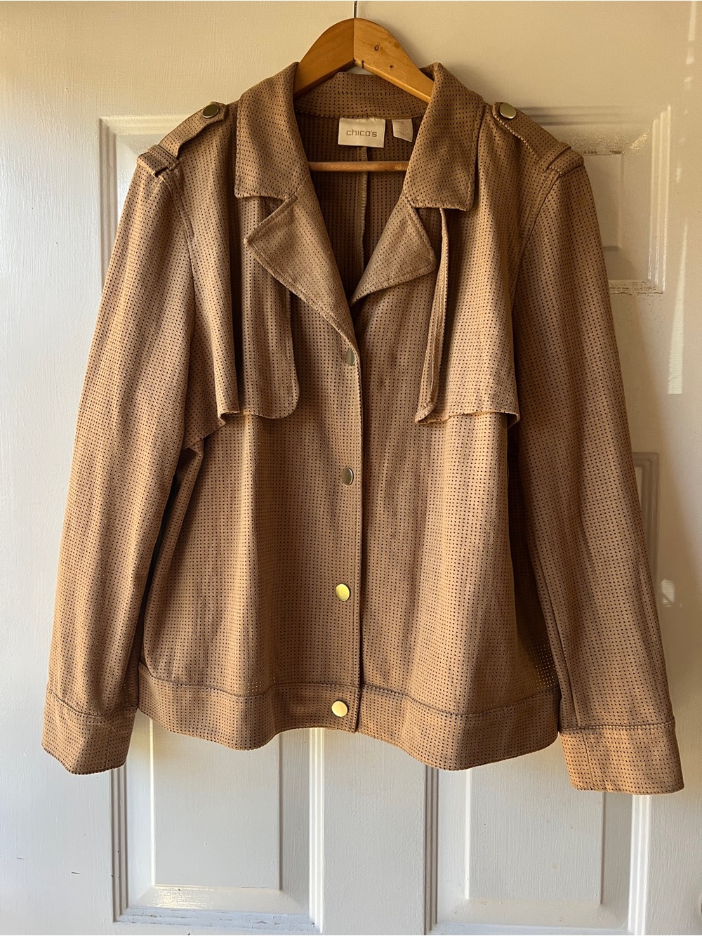 Chico's Perforated Tan Utility Jacket with Snap Front